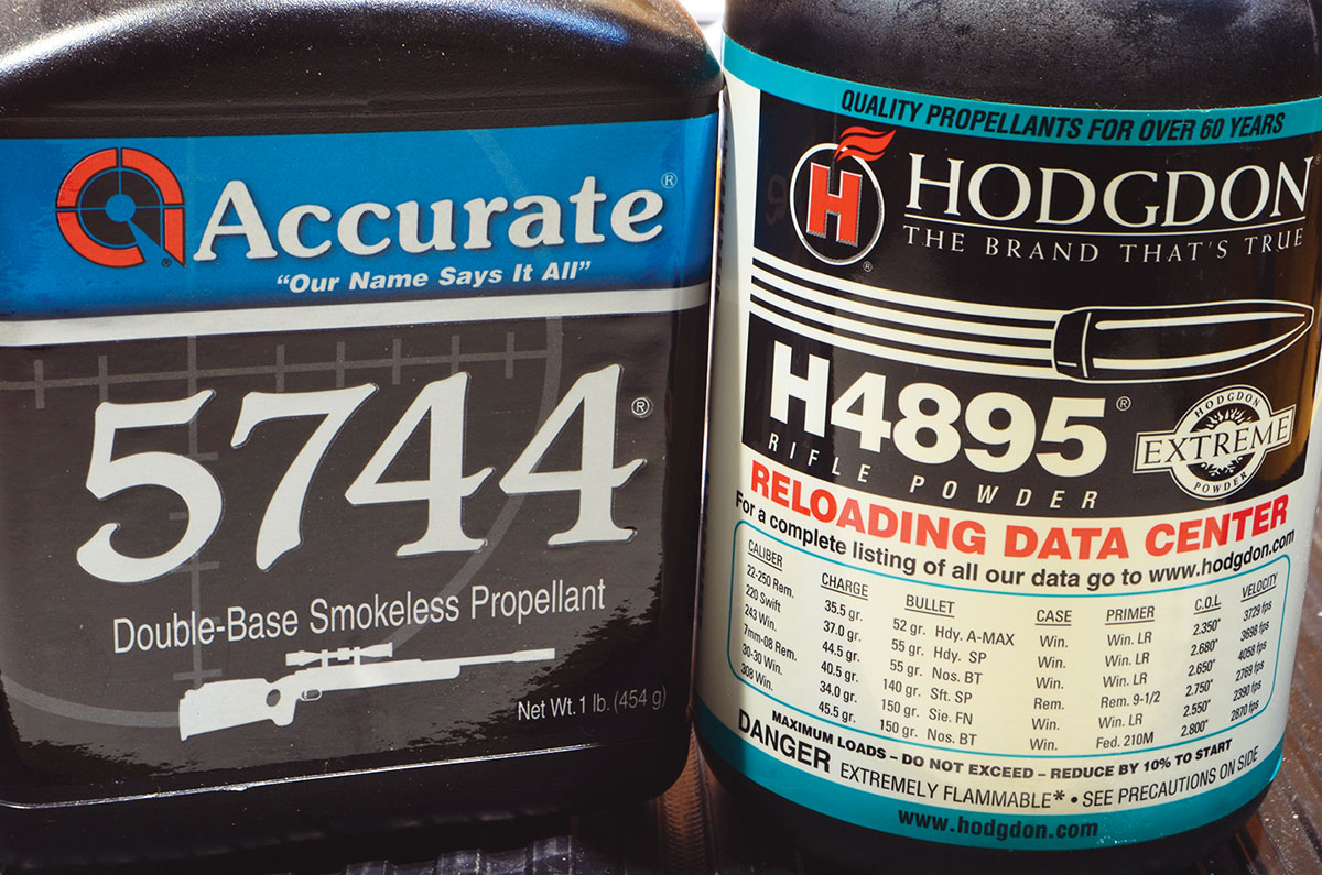 Hodgdon’s “old faithful,” H-4895, provides all the accuracy and power one could want with jacketed bullets, while Accurate’s 5744 works very well with low-power, cast-bullet loads. Together, they make for a very versatile gun.